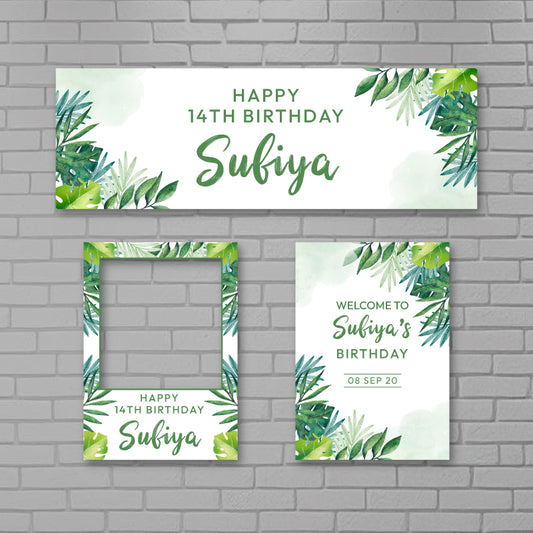 Custom Green Leaves Birthday Party Set - Banner, Selfie Frame and Welcome Board