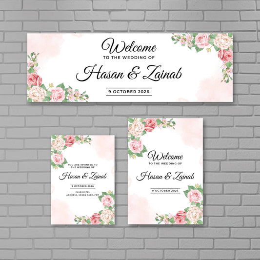 Flower Wedding Party Set - Banner, Invitation Card and Welcome Board