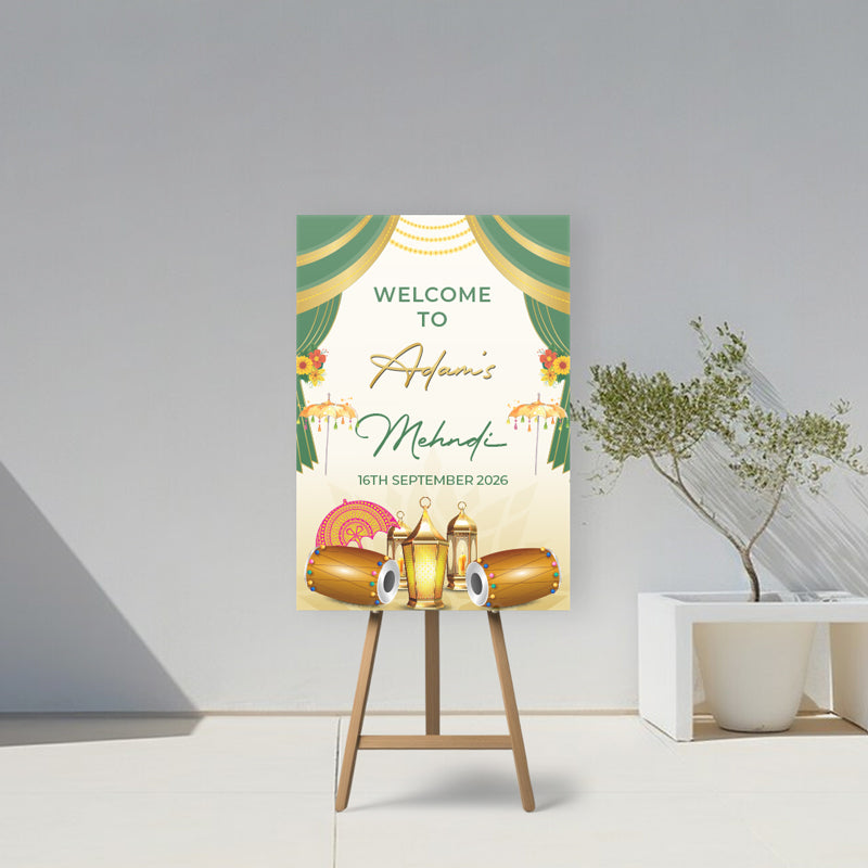 Green and Gold Mehndi Welcome Board
