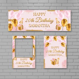 Custom Gold and Pink Birthday Party Set - Banner, Selfie Frame and Welcome Board