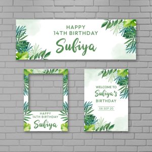 Custom Green Leaves Birthday Party Set - Banner, Selfie Frame and Welcome Board