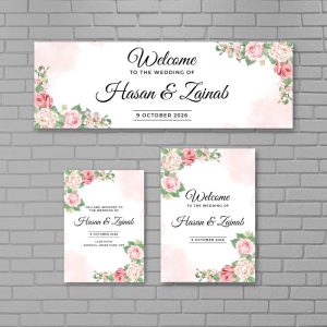 Flower Wedding Party Set - Banner, Invitation Card and Welcome Board