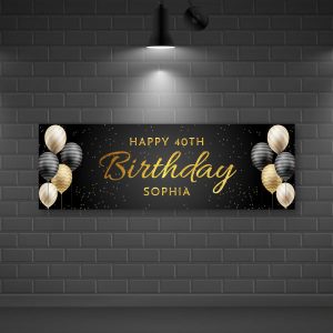 Personalised Black Gold Sparkle Birthday Banners - Custom Name & Age